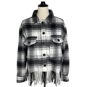 Sanctuary Plaid Fringe Shacket‎ Shirt Jacket Womens Size Medium Black White